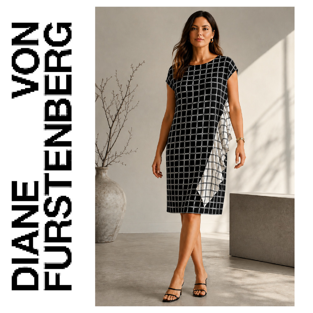 Diane von Furstenberg DVF Black White Windowpane Plaid Silk Blend Shift Dress L